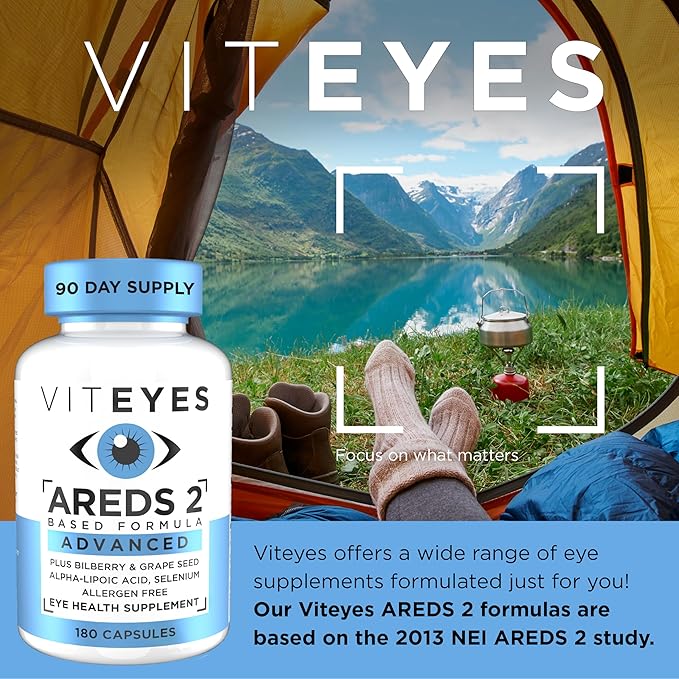 Viteyes AREDS 2 Advanced Eye Vitamins, Macular Support with Bilberry, grapeseed, FLORAGLO Lutein, Selenium, Natural Vitamin E, Allergen Free, Vision Protection, Eye Doctor Trusted, 180 Count