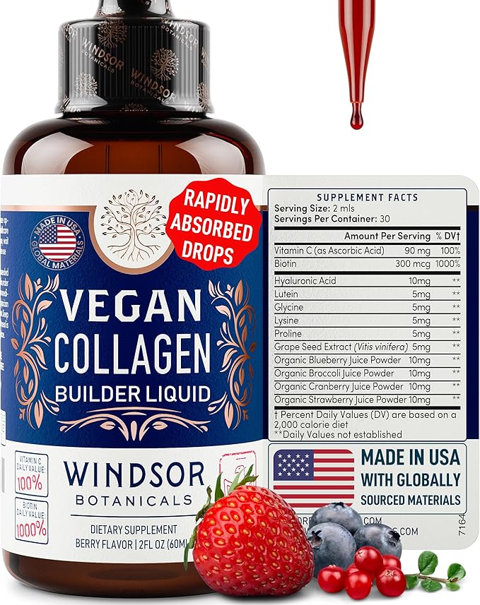 Vegan Collagen Builder Liquid Supplement - Collagen Booster with Vitamin C, Biotin, Hyaluronic Acid & Amino Acids - Vegetarian Collagen for Women, Organic Fruit & Vegetable Blend - 60ml, 30 Day