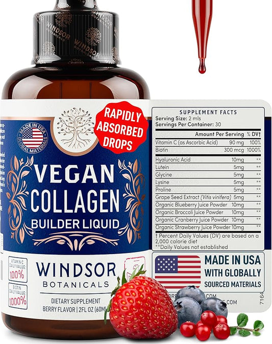 Vegan Collagen Builder Liquid Supplement - Collagen Booster with Vitamin C, Biotin, Hyaluronic Acid & Amino Acids - Vegetarian Collagen for Women, Organic Fruit & Vegetable Blend - 60ml, 30 Day
